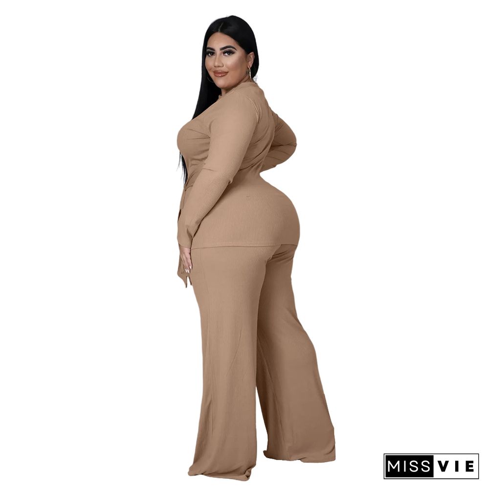 Knitted Bandage T Shirt Wide Leg Pants Plus Size Set