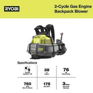 RYOBI 175 MPH 760 CFM 38cc Gas Backpack Leaf Blower