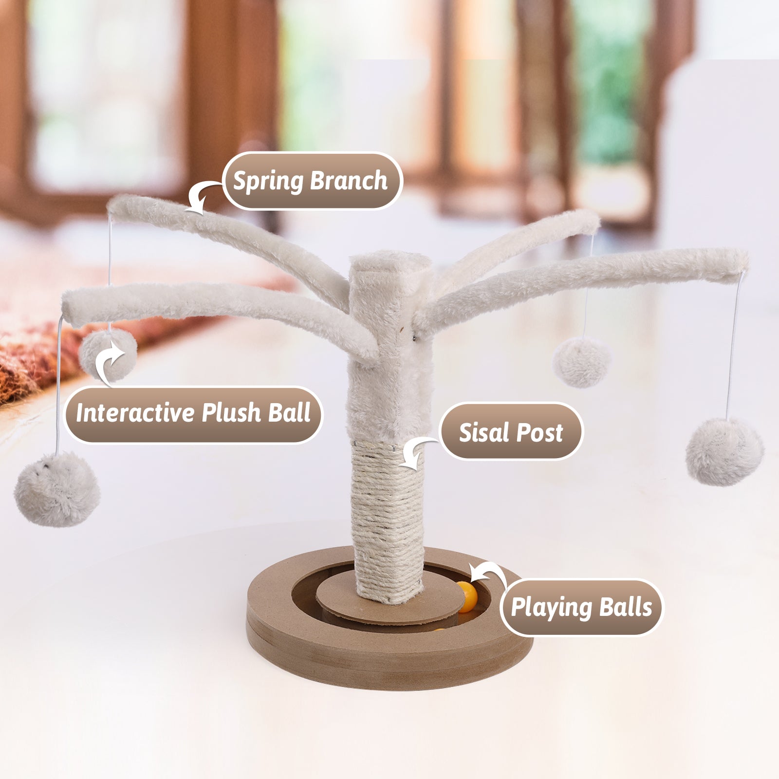 BRKURLEG Cat Scratching Post Tree， Cat Scratcher with Sisal Rope Spring Branches Cat Interactive Plush Ball Toy， Claw Scratch for Indoor Cats Kittens Play and Relax， Cat Supplies