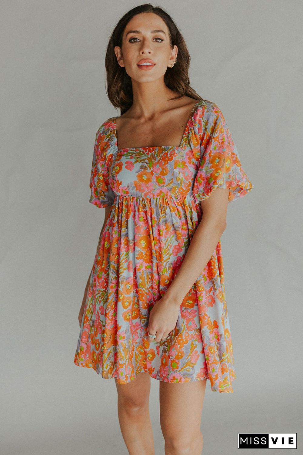 Orange High Waist Square Neck Puff Sleeve Floral Dress