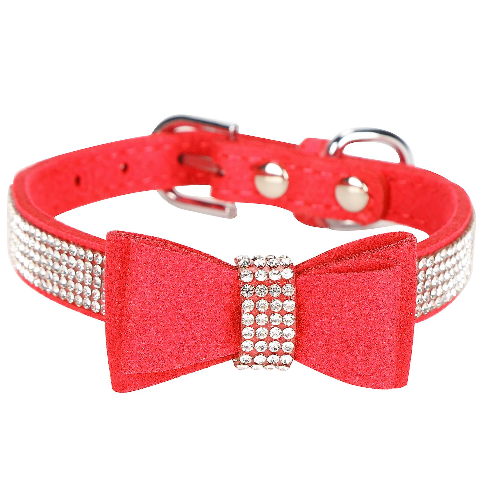 Suede Microfiber Double Bowknot Crystal Sparkle Rhinestone Cat Collar Pet Supplyred M 42x2.0cm