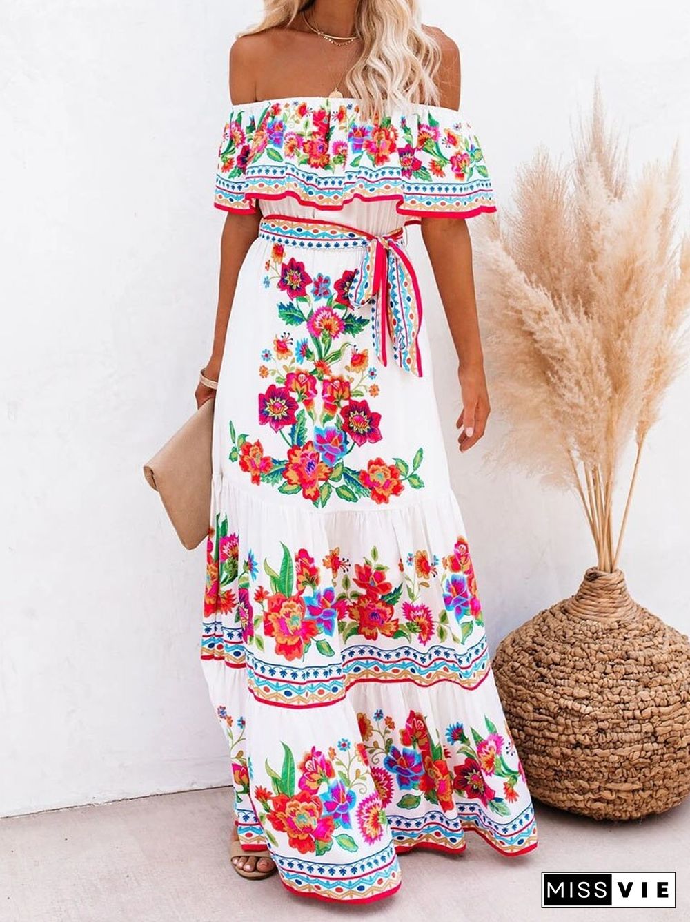 Elegant Flower Print Boho Party Dresses Women New Spring Sexy Off Shoulder Maxi Beach Dress Summer Lace-up Ruffle Hem Long Dress