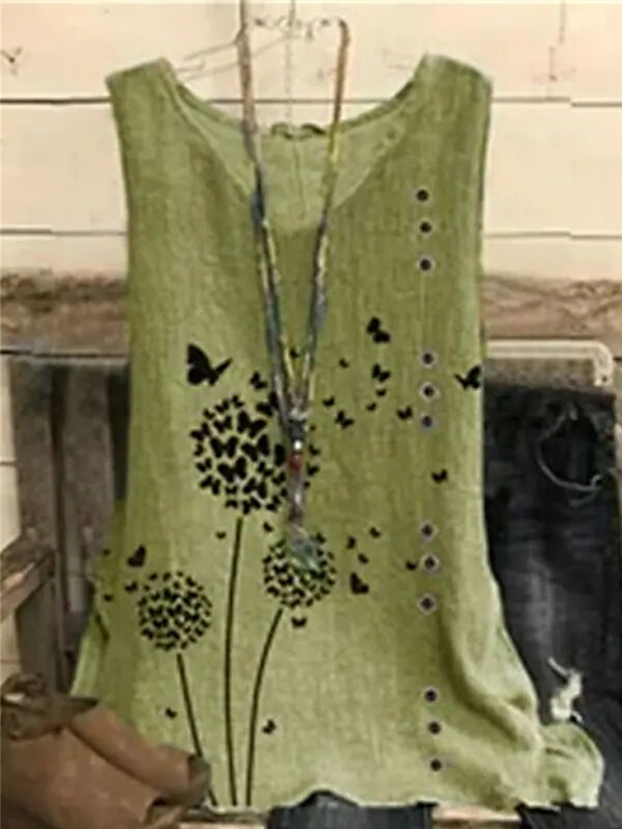 Casual Dandelion Print Crew Neck Sleeveless Blouse