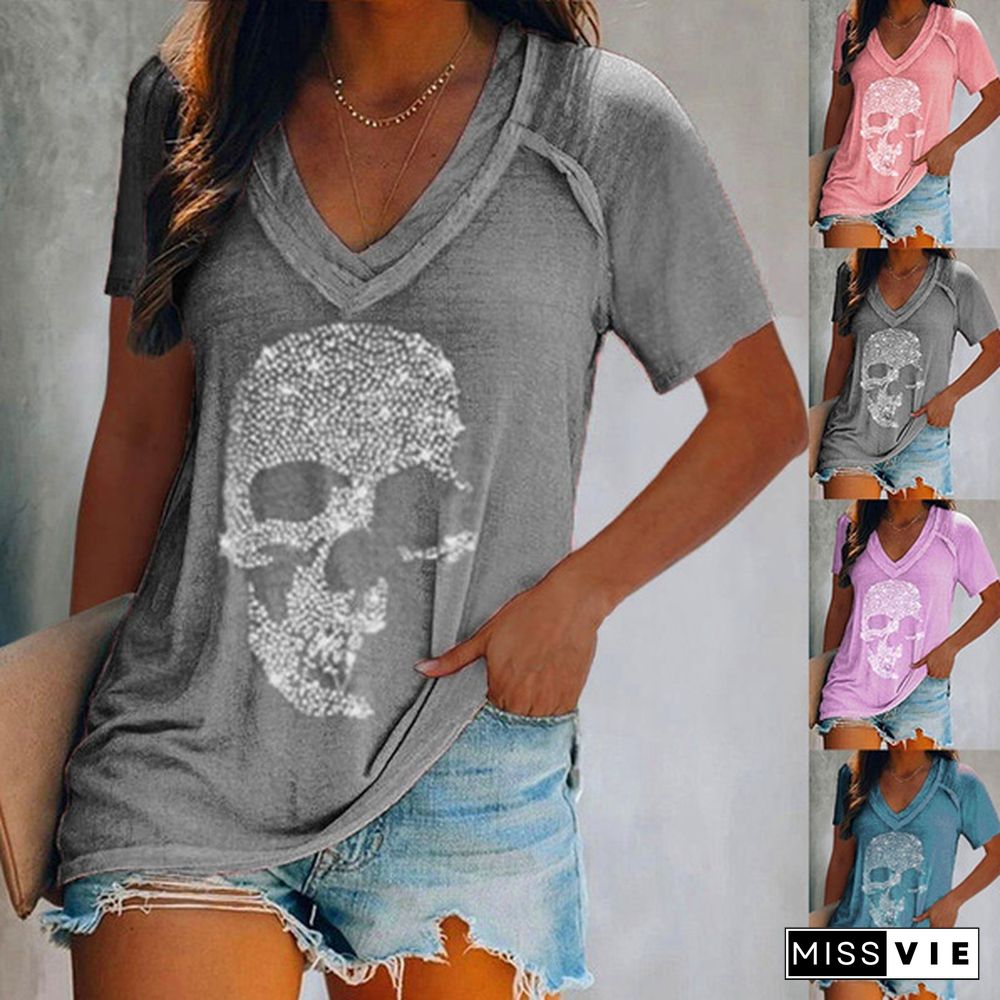 XS-5XL Plus Size Fashion Women Summer Casual Tops Short Sleeved T-shirts Deep V-neck Skull Printed Blouse Ladies Loose Shirts