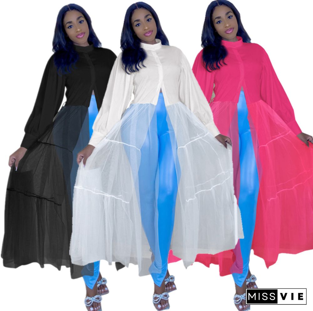 Casual Sheer Mesh Patchwork Solid Color Long Puff Sleeve Blouse Shirt Women Long Maxi Dress