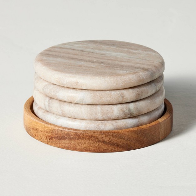 5pc Marble Coaster Set Warm Beige With Magnolia