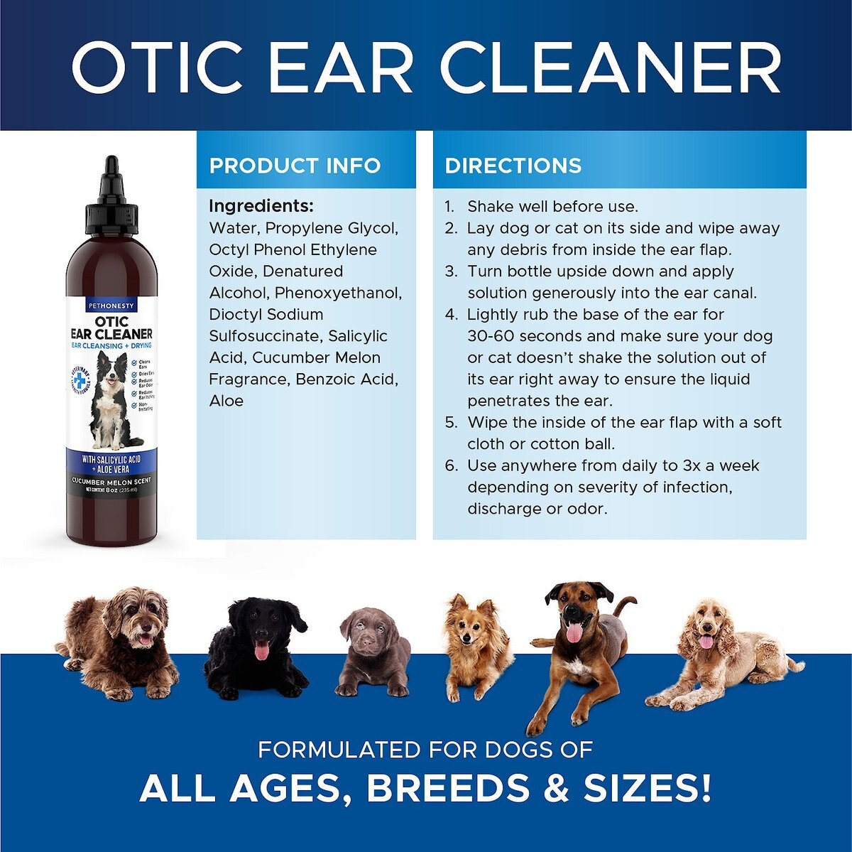 PetHonesty Otic Dog Ear Cleaner， Cucumber Melon Scent， 8-oz bottle