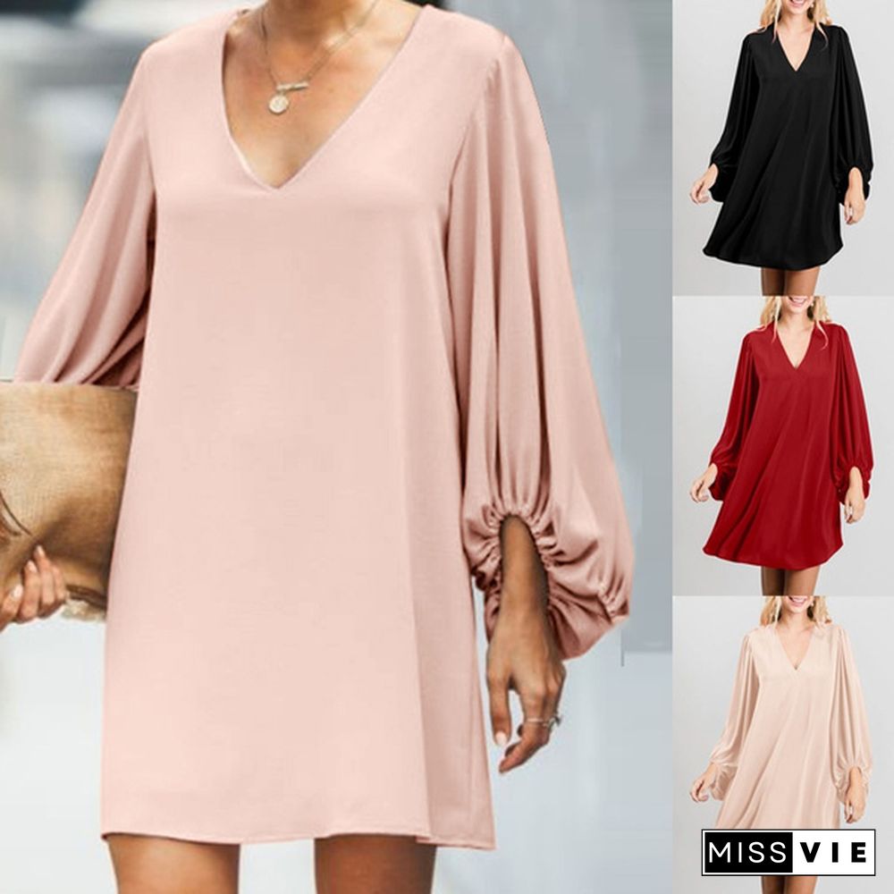 Women Casual Loose Mini Dress Lantern Long Sleeve V Neck Party Short Dress Plus Size Clothes