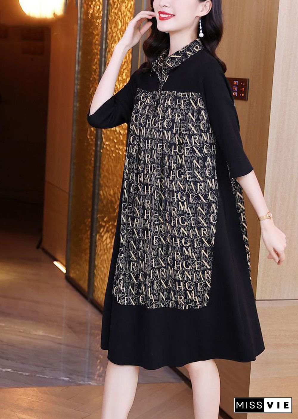 Simple Black Peter Pan Collar Patchwork Letter Print Silk Maxi Dresses Spring