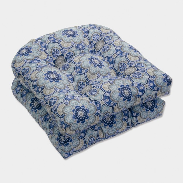 Set Of 2 Outdoor indoor Wicker Seat Cushions Keyzu Medallion Mariner Blue Pillow Perfect