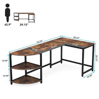 TRIBESIGNS WAY TO ORIGIN Halseey 74.8 in. W L-Shaped Brown Corner Computer Reversible Writing Studying Reading Desk 3 Tier Storage Shelves HD-CJ063-WZZ