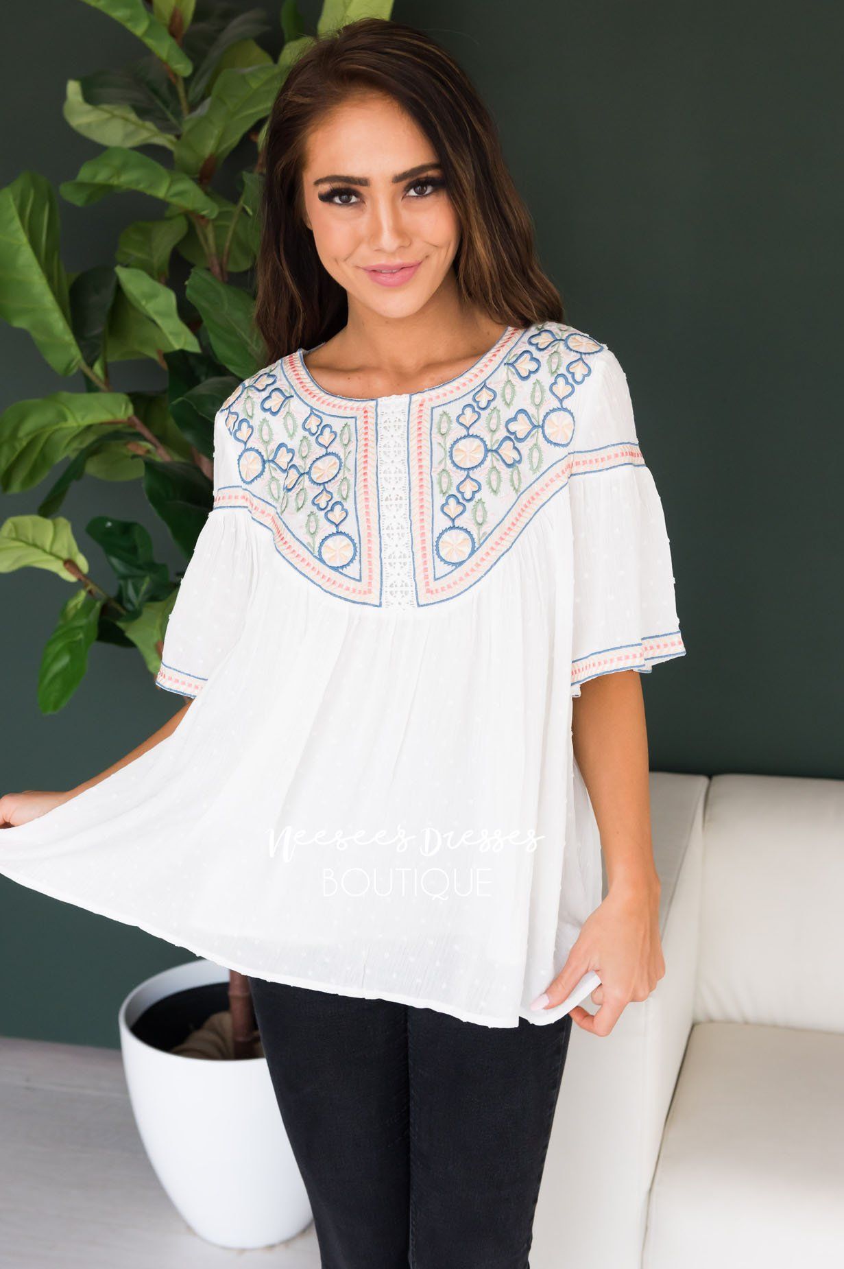 It's Go Time Modest Embroidered Blouse