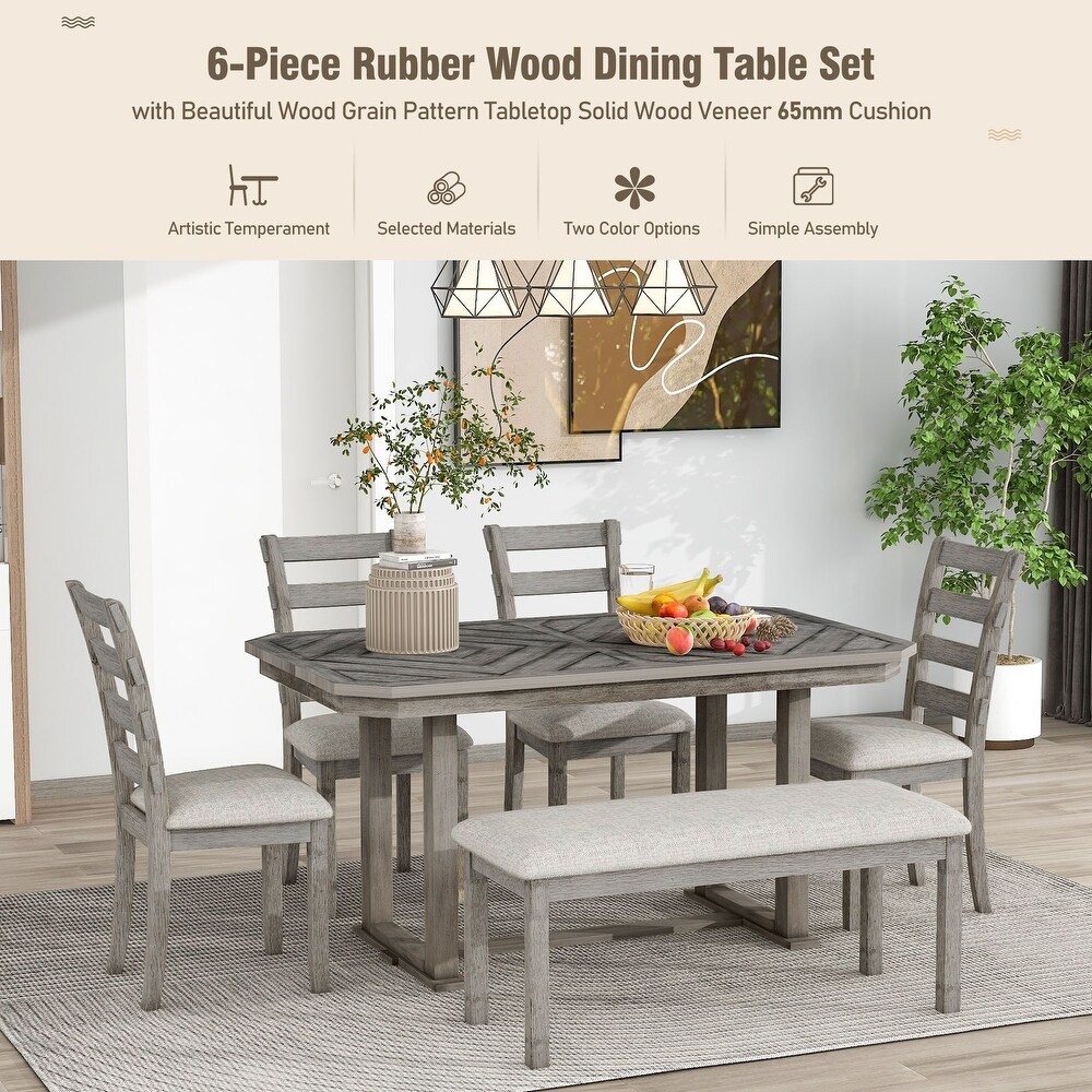 6 Piece Rubber Wood Dining Table Set with Beautiful Wood Grain Pattern Tabletop Solid Wood Veneer and Soft Cushion