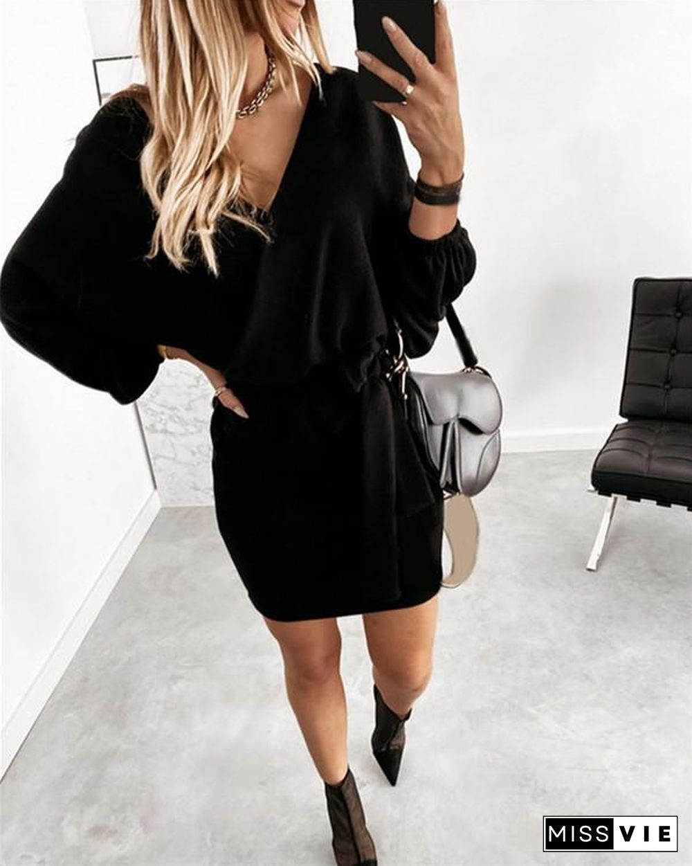 Solid Long Sleeves Bodycon Above Knee Little Black/Elegant Dresses