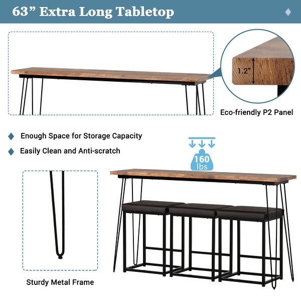 Modern 4 Pieces Counter Height Extra Long Dining Table Set with 3 PU Bar Stools， Rustic Brown Table and Black Stool