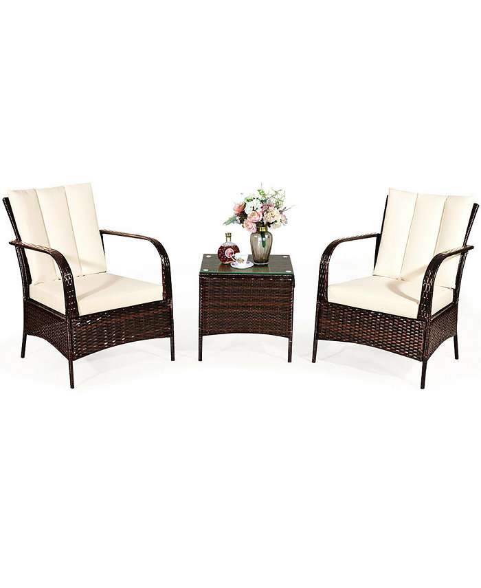 Costway 3 PCS Patio Rattan Furniture Set Coffee Table and 2 Rattan Chair