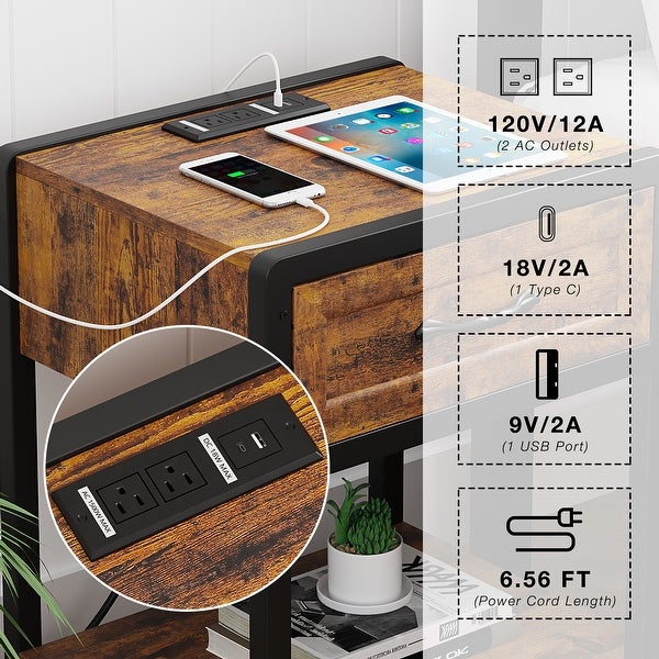 Nightstand with Charging Station， Modern Side Table End Table with 1 Drawer