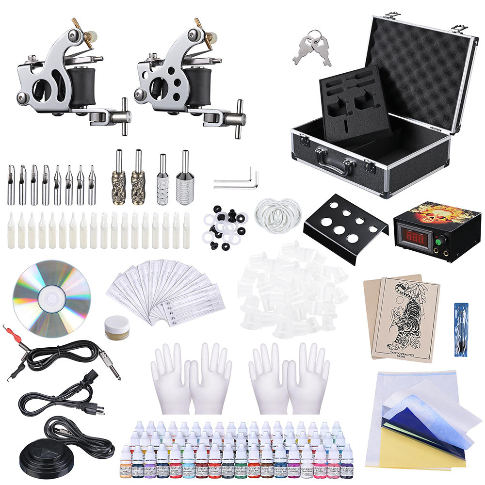 Yescom 2 Tattoo Machine Kit w/ LCD Power Supply 54 Color Inks & Case