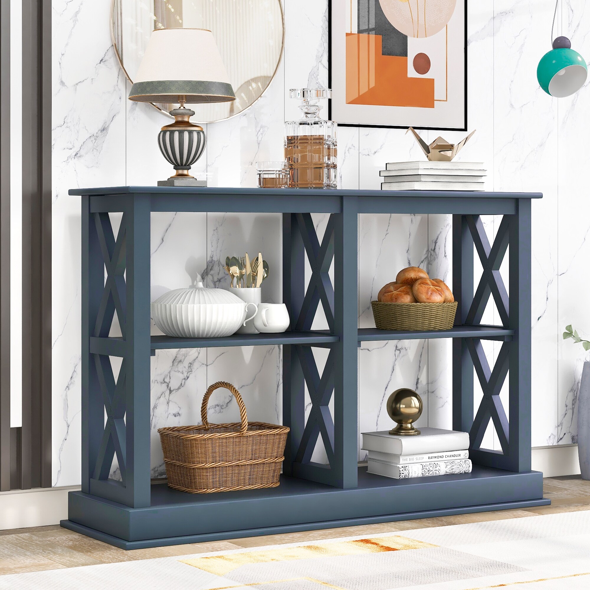 Console Table with 3-Tier Spaces Narrow Sofa Entry Table for Entryway (Navy Blue)