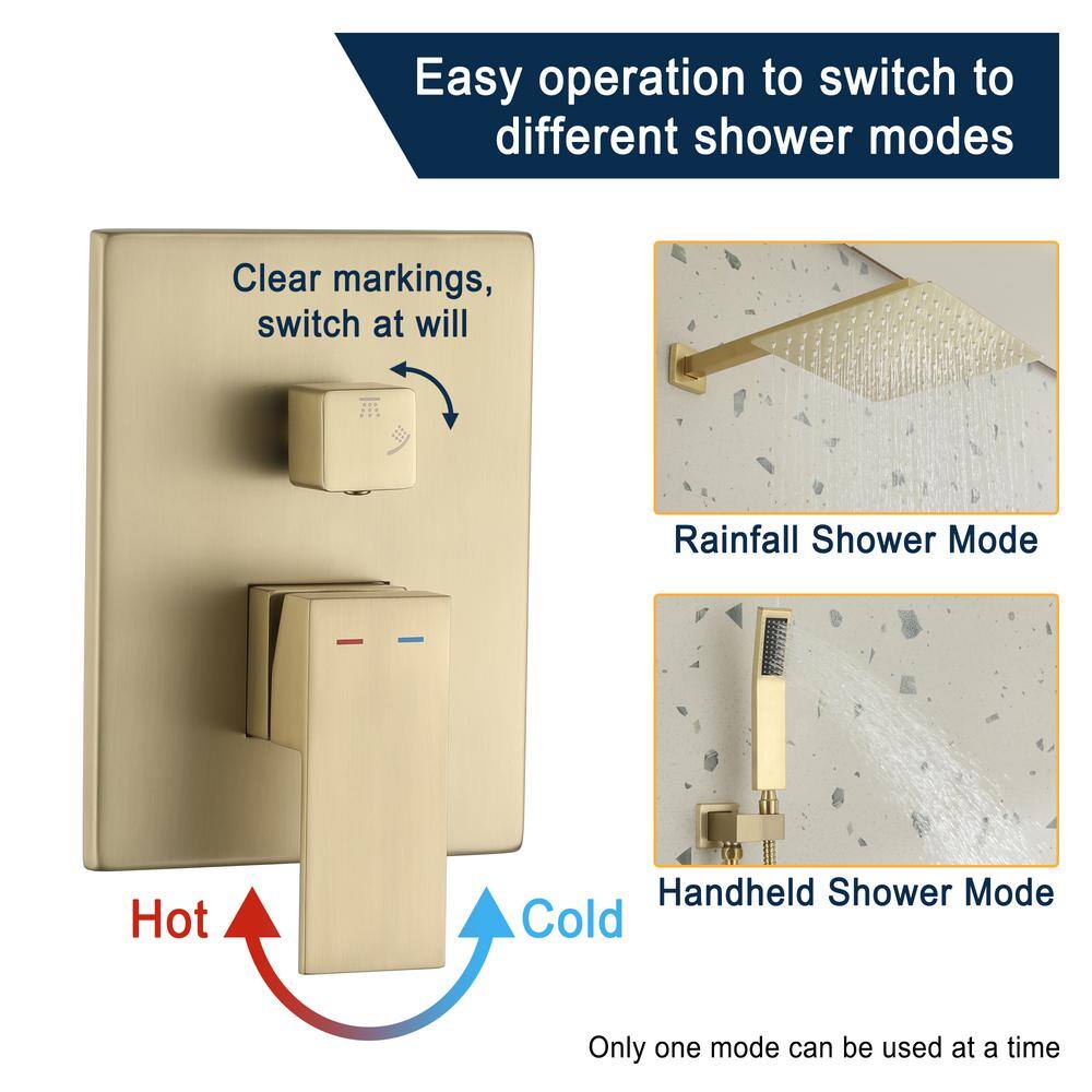 Boyel Living 2-Spray Patterns 10 in. Wall Mount Fixed Shower Head Bathroom Shower System in Brushed Gold RB0741