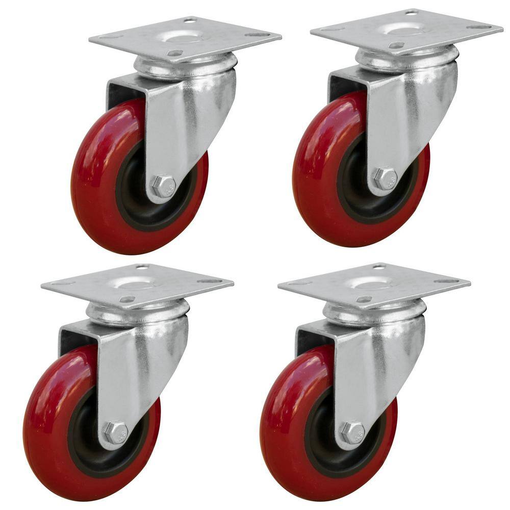 POWERTEC 3 in. Dia Swivel Polyurethane Plate Caster in Red (4-Pack) 17206