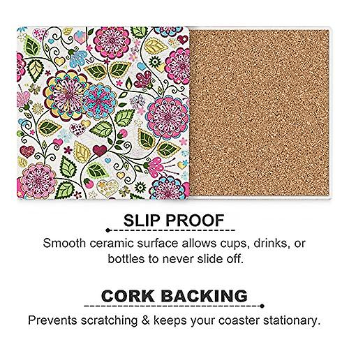 Colourlife Colorful Flowers And Butterflies And Hearts Printed Square Ceramic Coaster For Drinks With Cork Base For Coffee Cups Place Mats For Home De