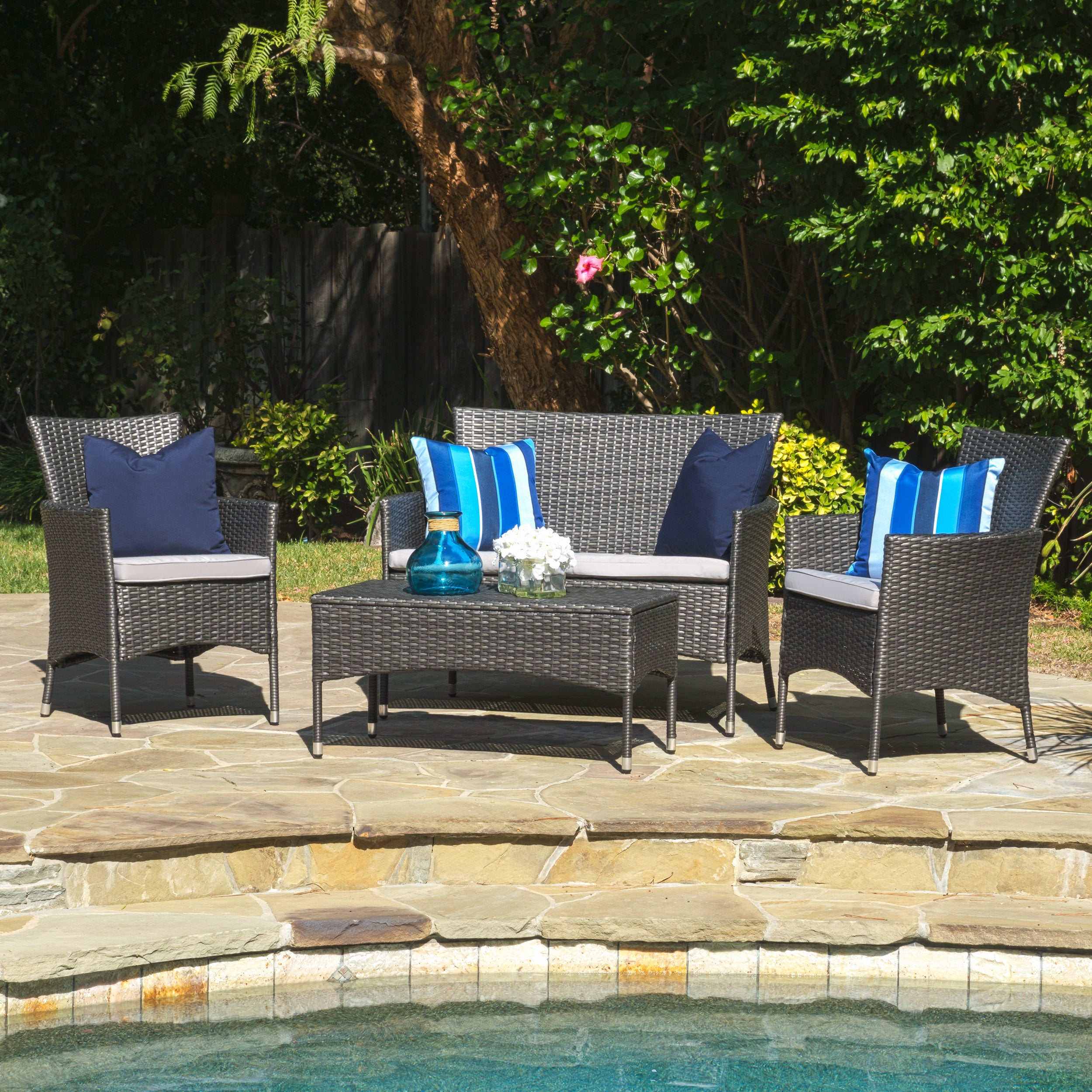 Mina Outdoor 4 Piece Wicker Chat Set with Water Resistant Cushions