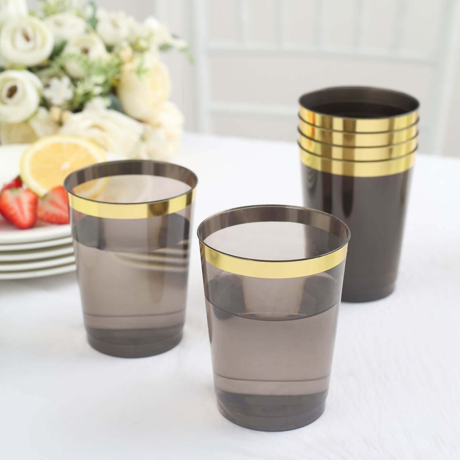 25 Pack Crystal Black Gold Rimmed Plastic Party Cups, Disposable Drink Tumbler Glasses 10oz