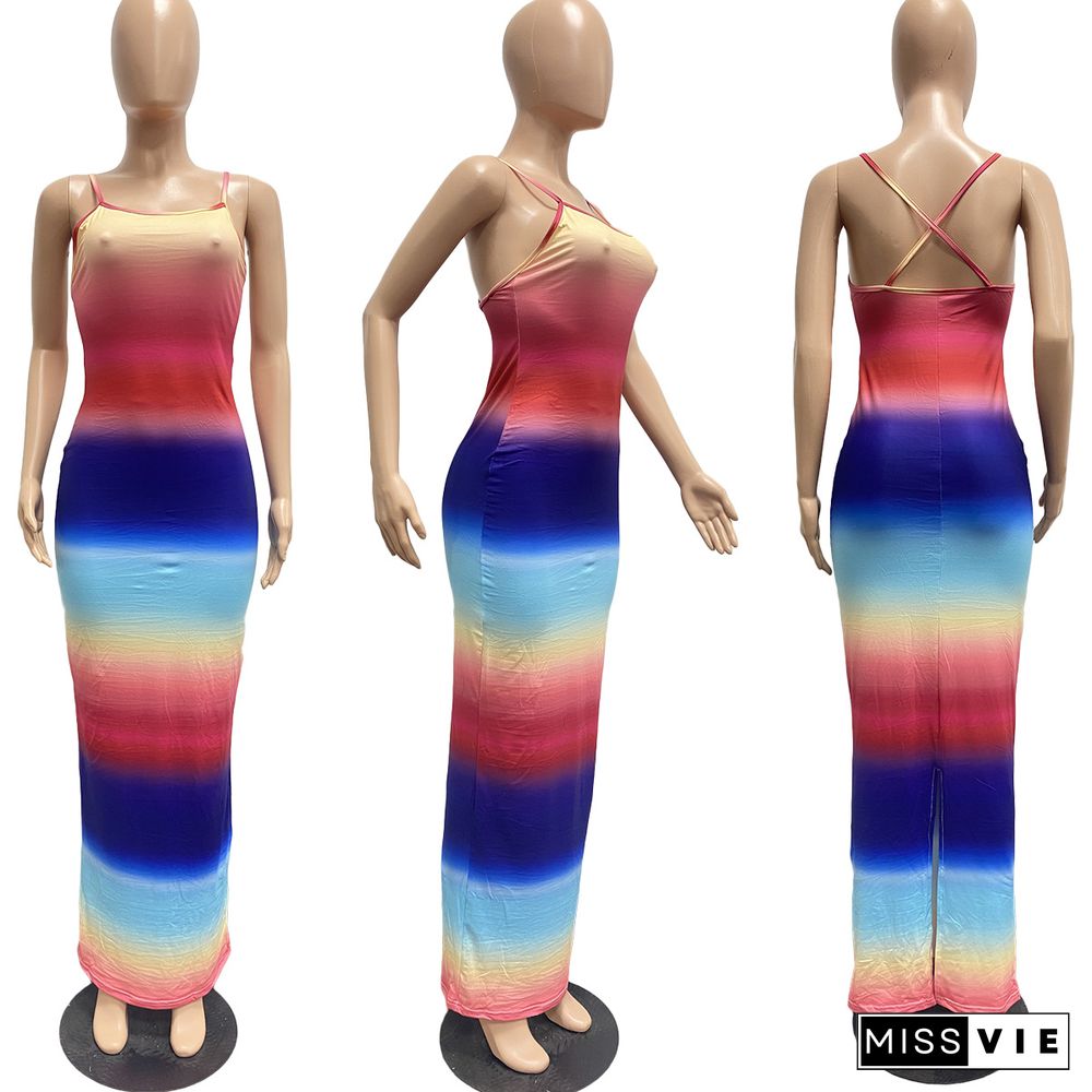 Gradient Chic Print Backless Skinny Maxi Dress