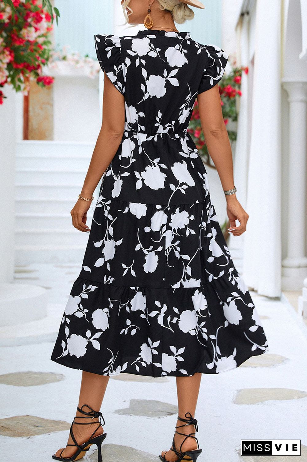 Floral V Neck Beach Ruffle Sleeve Midi Dress