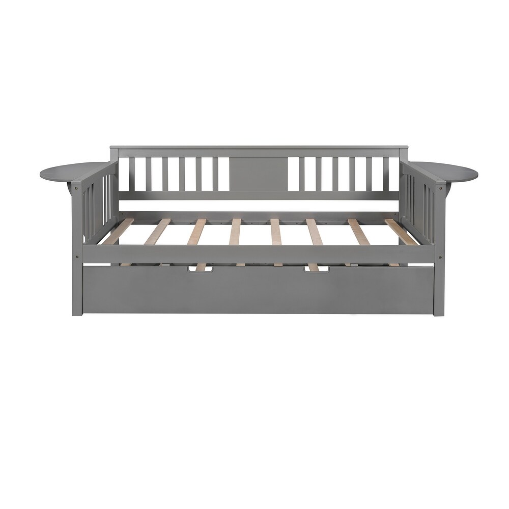 Twin Wooden Daybed Sofa Bed with 1 Trundle and 2 Extra Connected Small Coffee Table Shelf  Grey