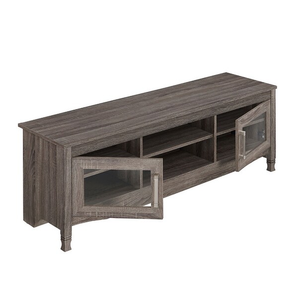 Techni Mobili Driftwood TV Stand Console with 2 Side Glass Door Cabinets and 6 Open Storage Compartments for TVs up to 60''