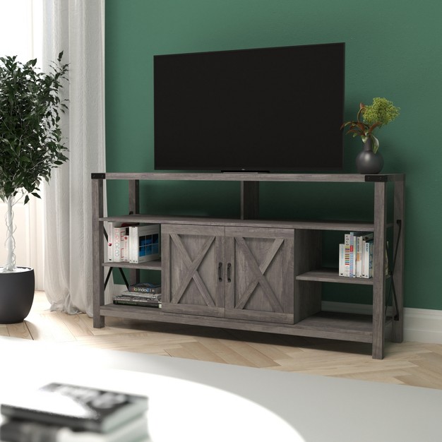 Emma And Oliver Modern Rustic Farmhouse Media Console Cabinet With Spacious Open And Closed Storage