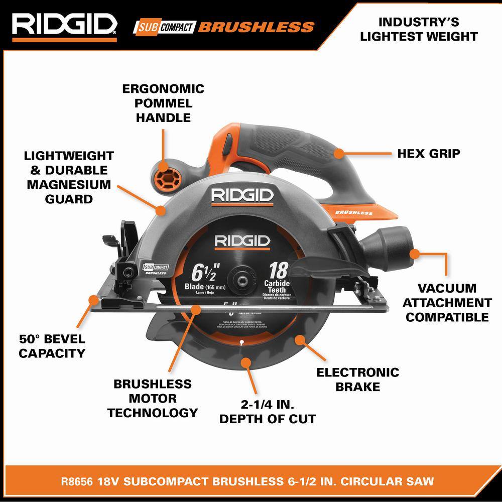 RIDGID 18V MAX Output 4.0 Ah 2.0 Ah Batteries and Charger with FREE 18V SubCompact Brushless 6-12 in. Circular Saw AC8400240SB-R8656B