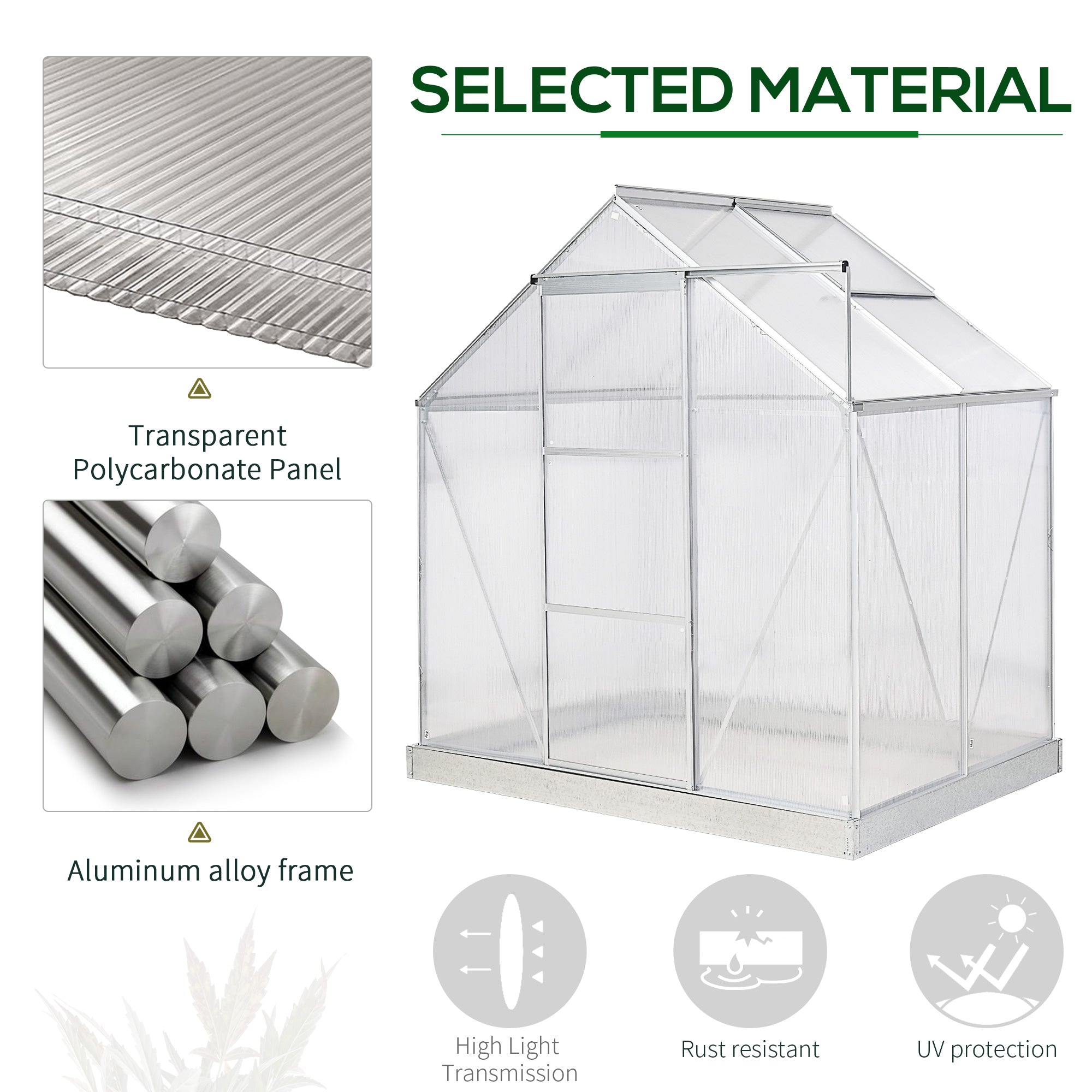 Outsunny 6' x 4' Polycarbonate Greenhouse with Aluminum Frame, Walk-in Garden Greenhouse Kit with Adjustable Roof Vent, Rain Gutter and Sliding Door for Backyard, Silver