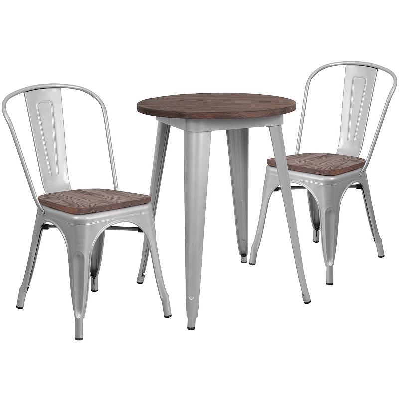 Emma and Oliver 24 Round Silver Metal/Wood Table Set - 2 Stack Chairs