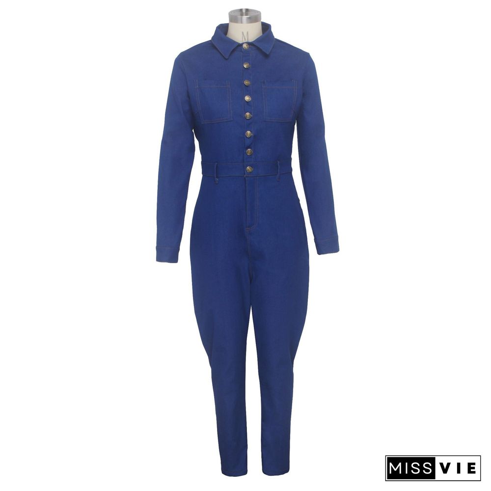 Fashion Denim Buttons Long Sleeves Lapel Tight Jumpsuit