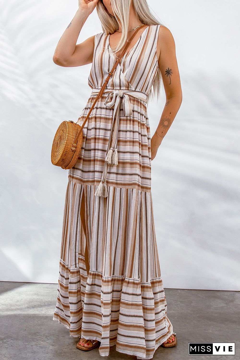 Khaki Striped V Neck Sleeveless Maxi Dress with Tie