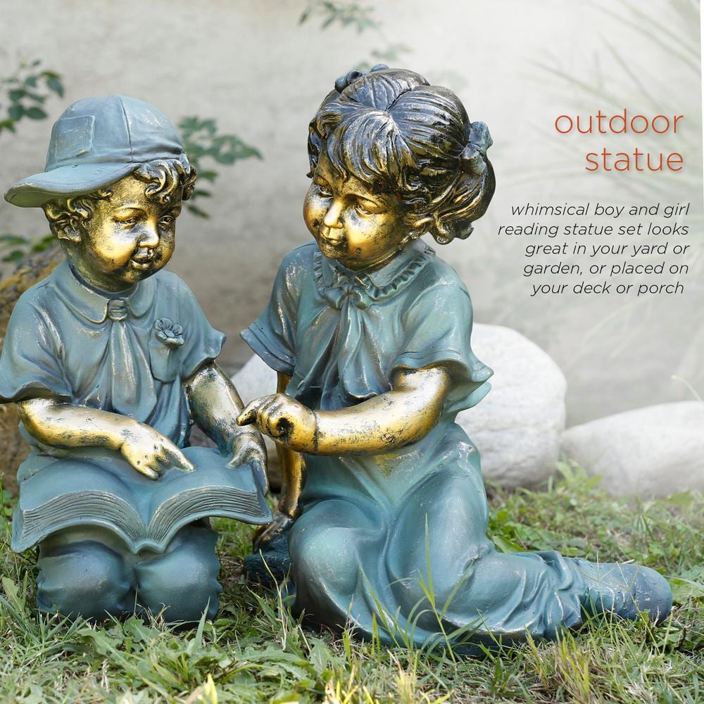 Alpine Corporation 2-Piece Indoor/Outdoor Girl and Boy Reading Statue Set Yard Art Decoration GXT258A