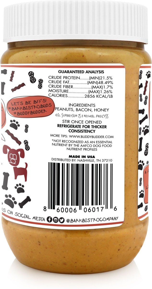 Bark Bistro Company Begging Bacon Buddy Budder Dog Lickable Treats， 17-oz jar