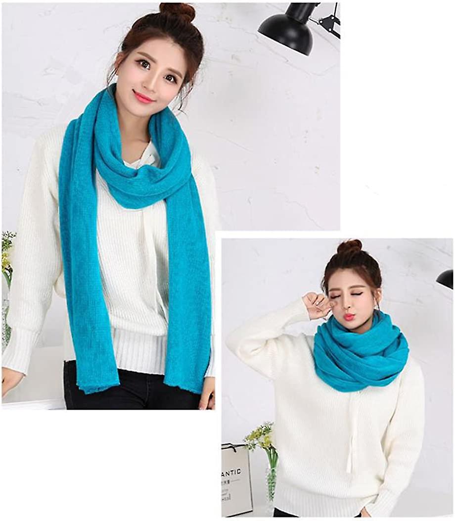 Women's Warm Long Shawl Winter Warm Large Scarf Pure Color Cyan -