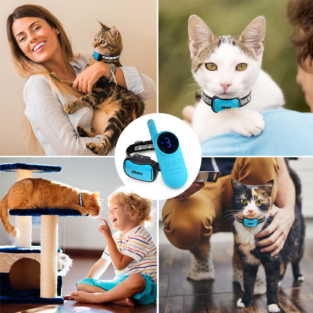 Exuby Small Cat Shock Collar with Remote， Designed for Training Cats， Prevents Unwanted Meowing， Scratching and Roaming， Sound， Vibration and Shock Modes， 9 Intensity Levels – Waterproof