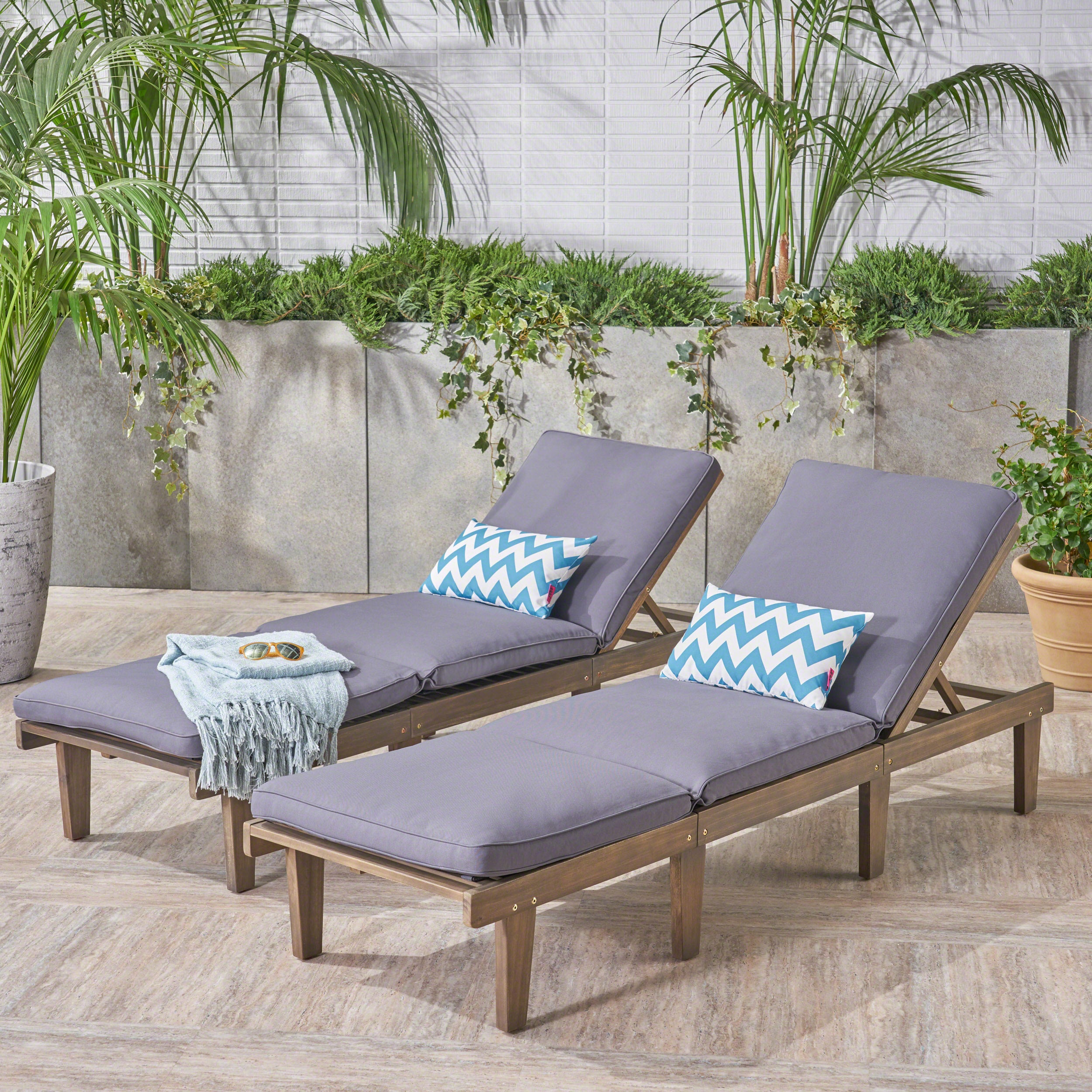 Alisa Outdoor Acacia Wood Chaise Lounge with Cushion, Gray and Dark Gray