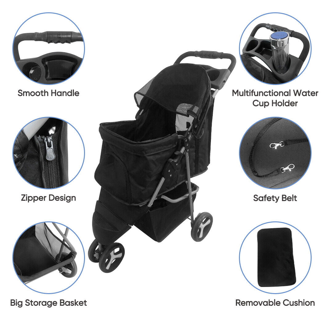 ZENSTYLE Foldable Pet Stroller 3 Wheels for Cats and Dogs Carrier Strolling Cart with Storage Basket