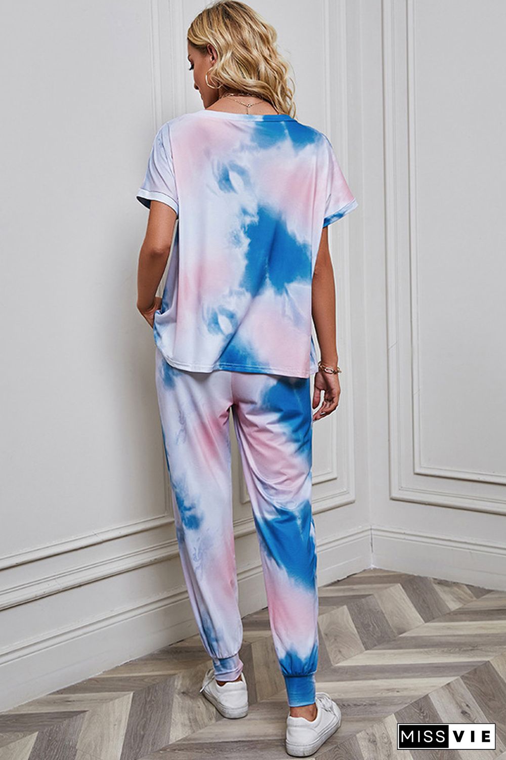 Tie Dye Short Sleeve Top and Drawstring Pants Two Pieces Set