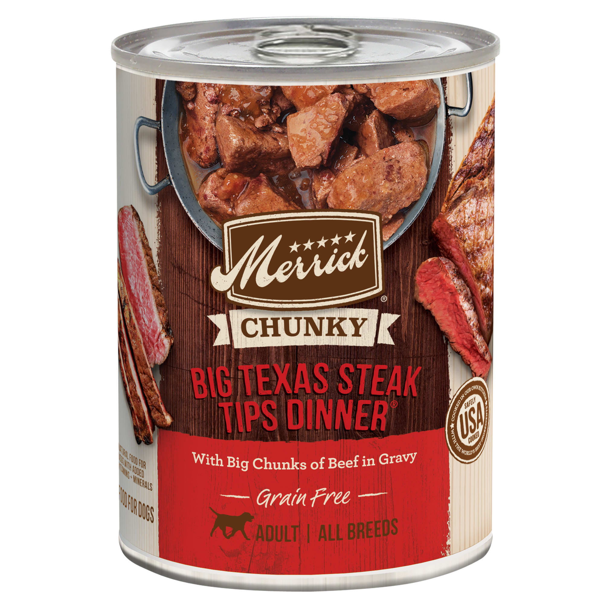 Merrick Grain Free Chunky Big Texas Steak Tips Dinner Canned Dog Food， 12.7 oz.， Case of 12