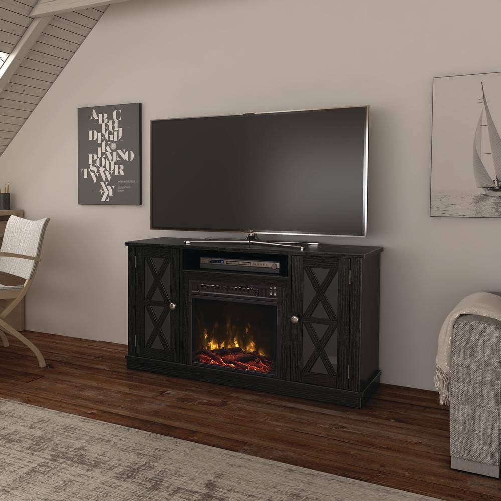 Twin Star Home 47.5 in. Freestanding Wooden Electric Fireplace TV Stand in Black 18MM6092-PB84S