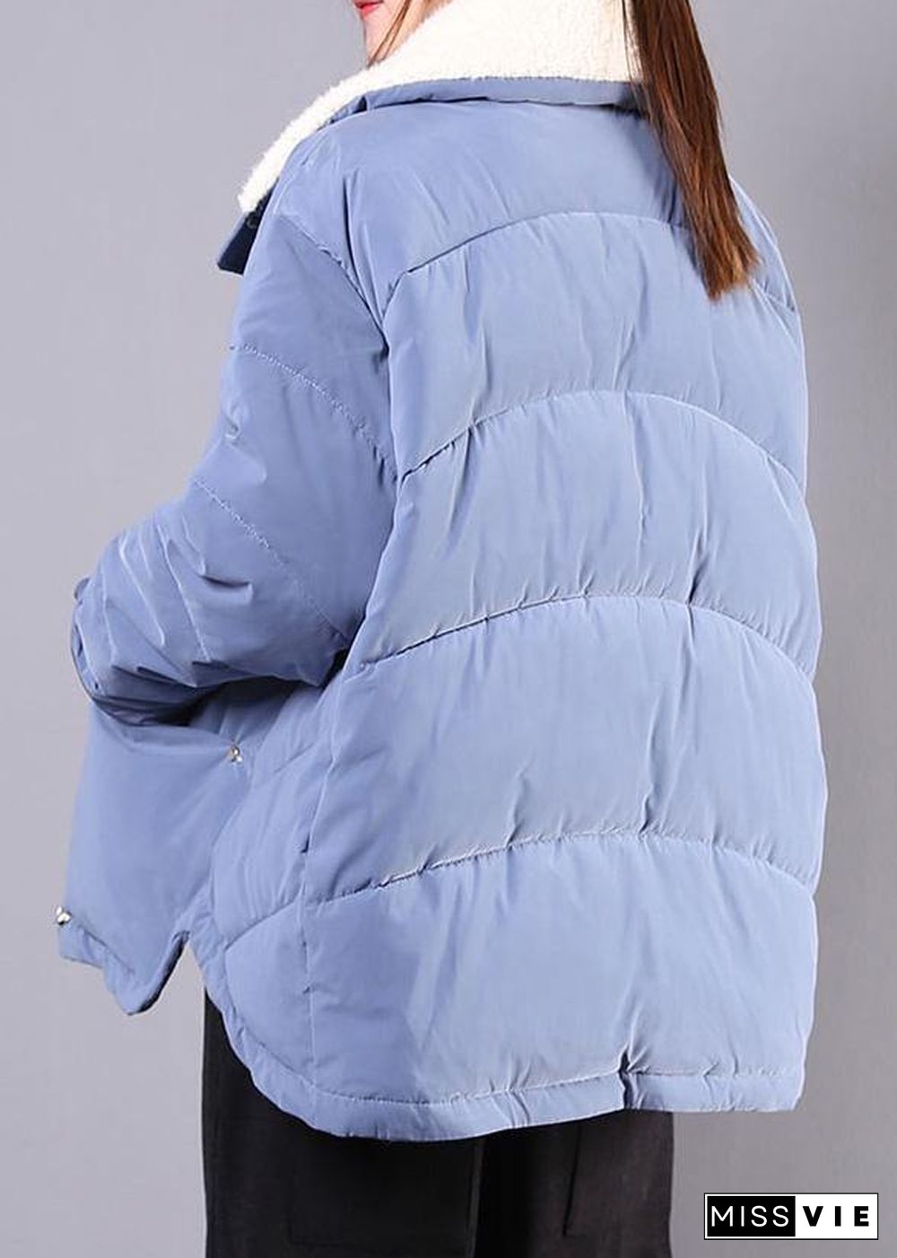 Elegant blue Parkas for women Loose fitting winter jacket lapel pockets zippered overcoat