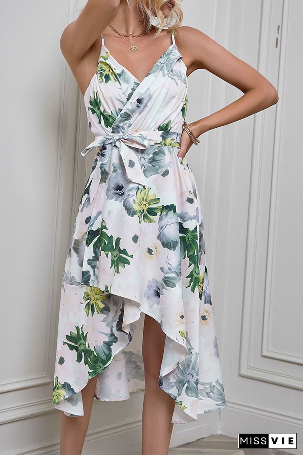 White Floral V Neck Side Sash Irregular Length Dress