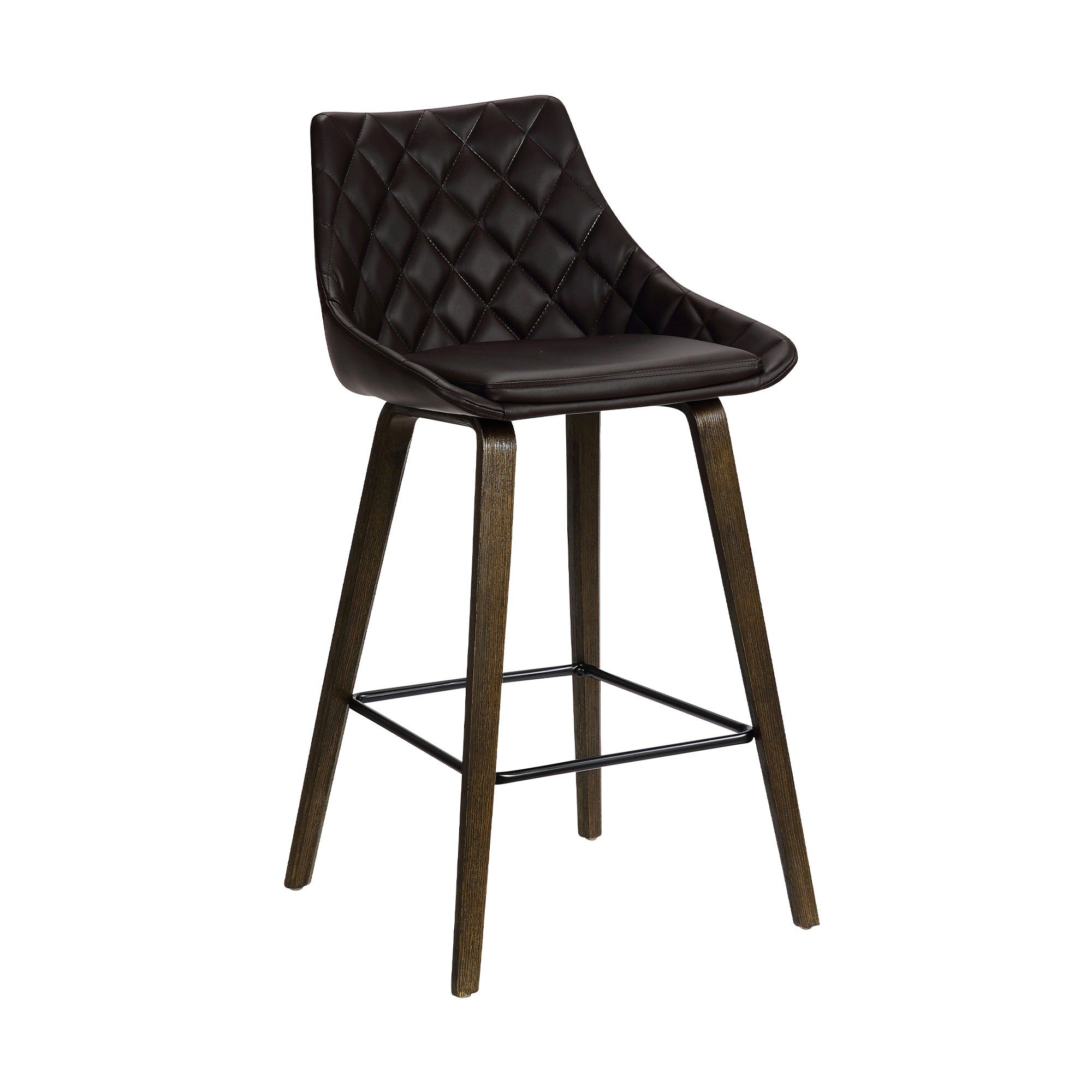 26 Inch Leatherette Diamond Tufted Wood Leg Barstool， Brown